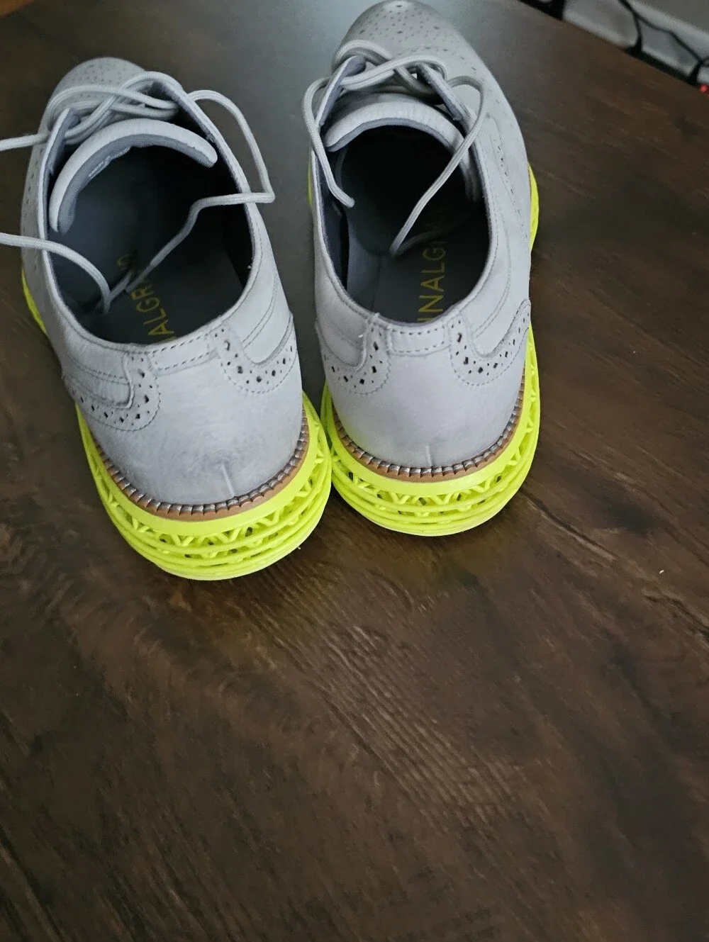 Men's Cole Haan Gray Wingtip Dress Shoes with Neon Yellow Sole Skyweave. Mens 11